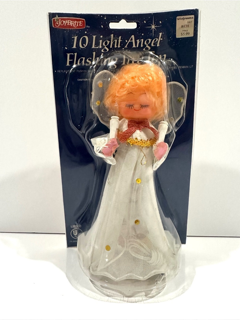 New JoyBrite 10 Light White Angel Christmas Tree Topper Eyes Closed Yellow Hair